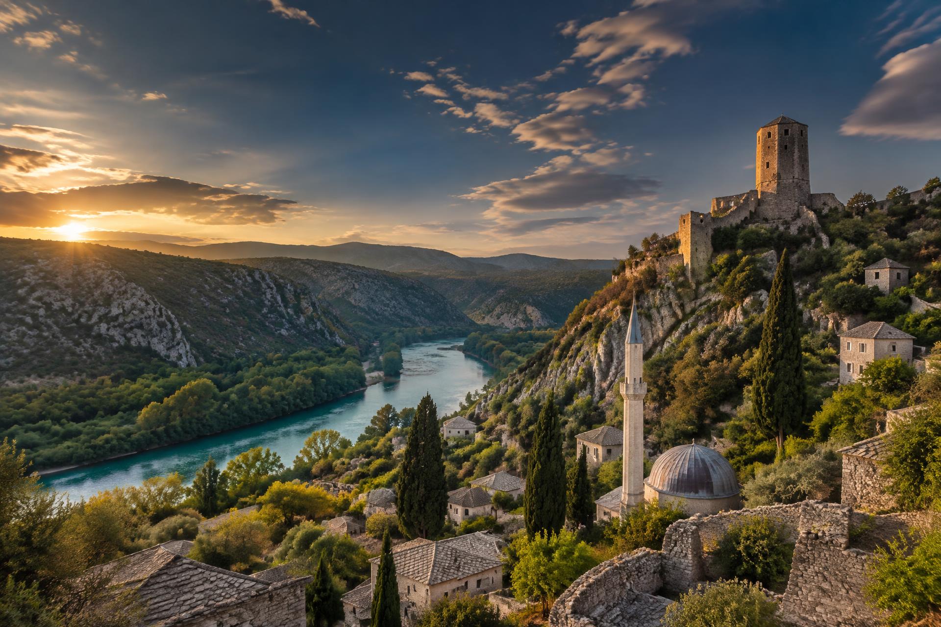 Počitelj overlooking the Neretva river at sunset